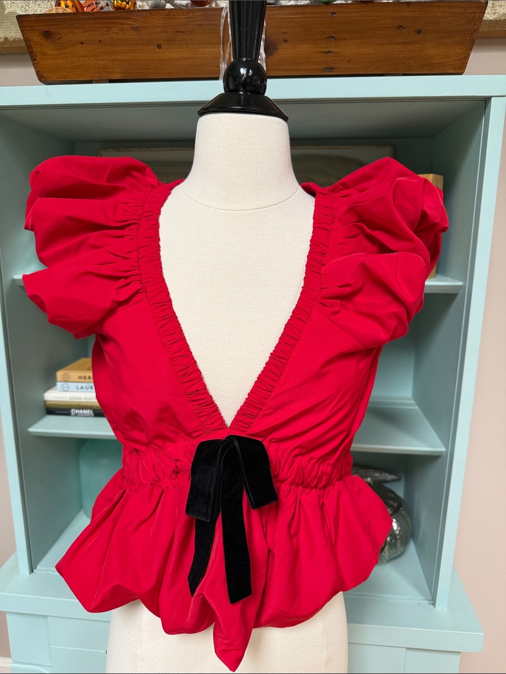 LOFT Red V-Neck Ruffle Sleeve Top with Black Velvet Bow